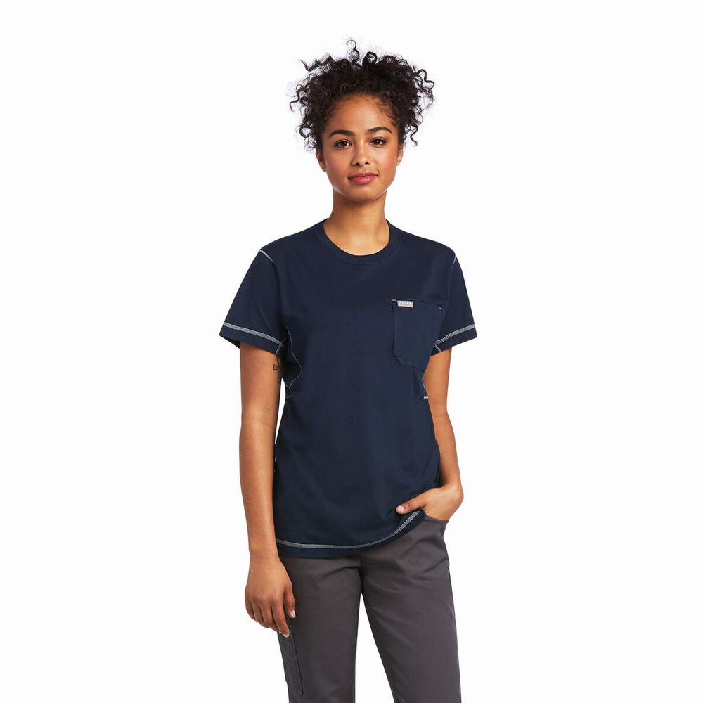 Navy Ariat Rebar Workman Phrase Women's Tops | JITX25617