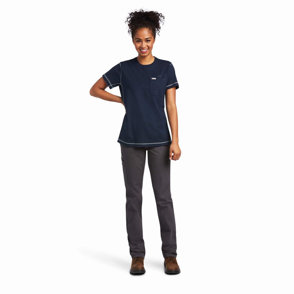 Navy Ariat Rebar Workman Phrase Women's Tops | JITX25617