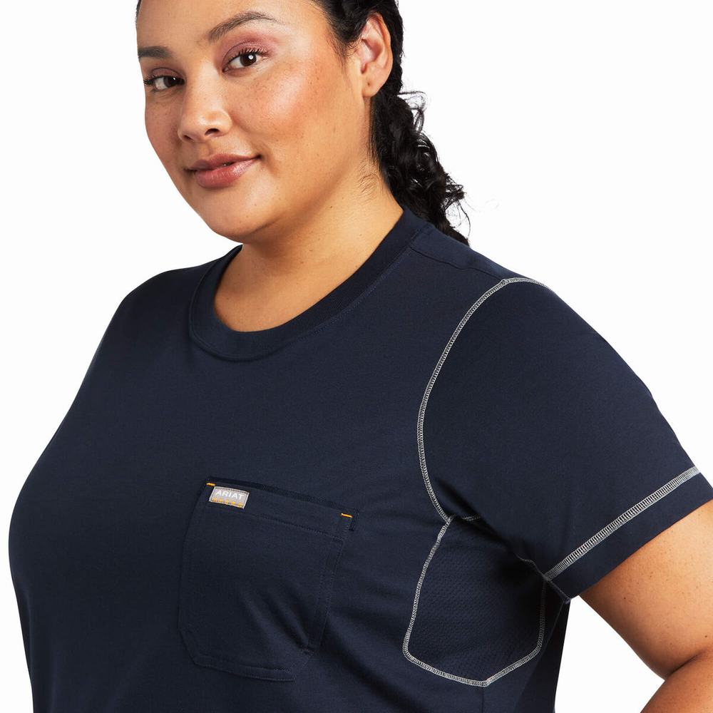 Navy Ariat Rebar Workman Phrase Women's Tops | JITX25617