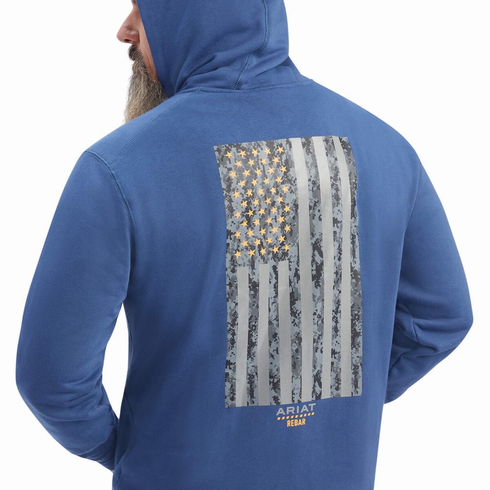 Navy Ariat Rebar Workman Reflective Flag Full Zip Men's Hoodies | MBLJ57210