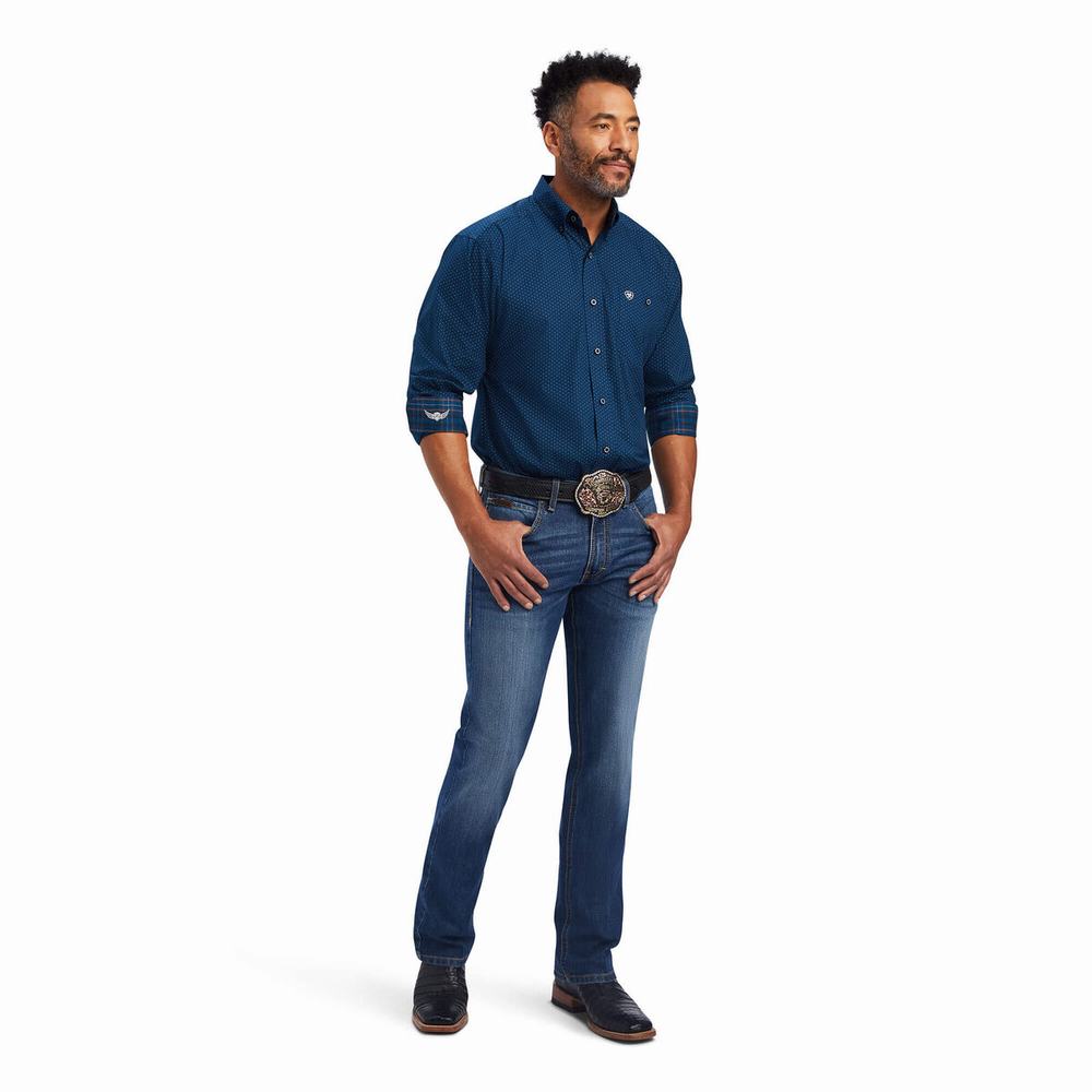 Navy Ariat Relentless Skillful Stretch Classic Fit Men's Shirts | ASNY76481