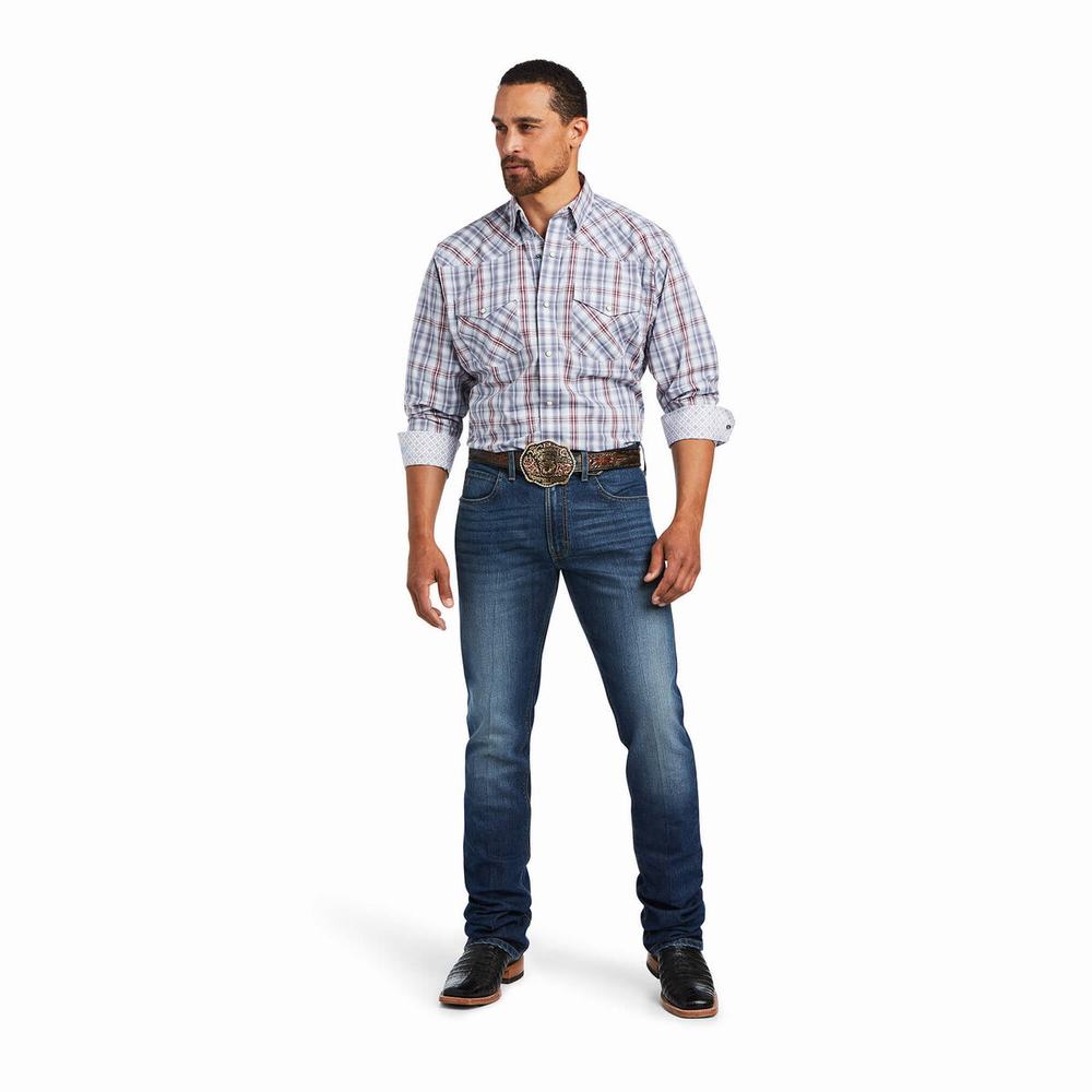 Navy Ariat Relentless Steely Stretch Classic Fit Snap Men's Shirts | PGJI67482