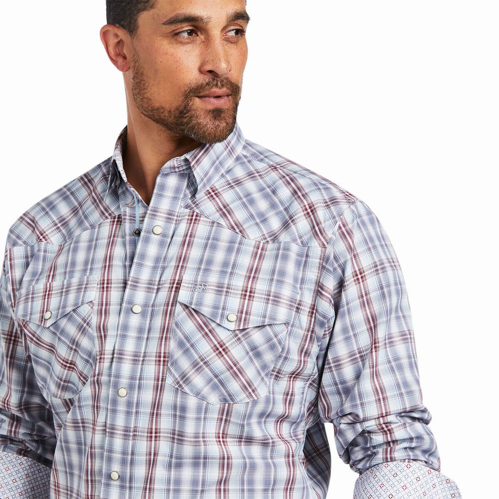 Navy Ariat Relentless Steely Stretch Classic Fit Snap Men's Shirts | PGJI67482