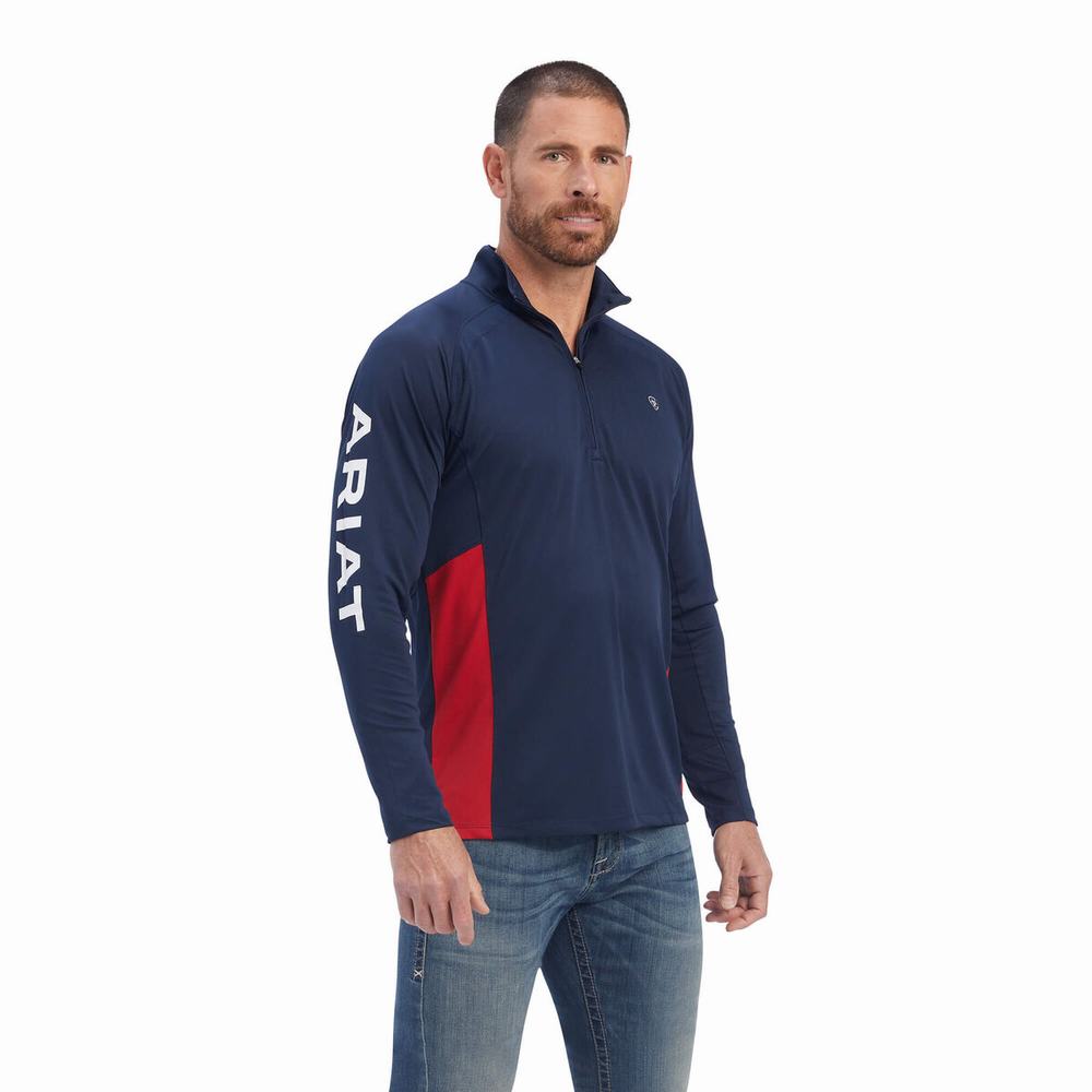 Navy Ariat Sunstopper Team 1/4 Zip Men\'s English Riding | WEMD56293