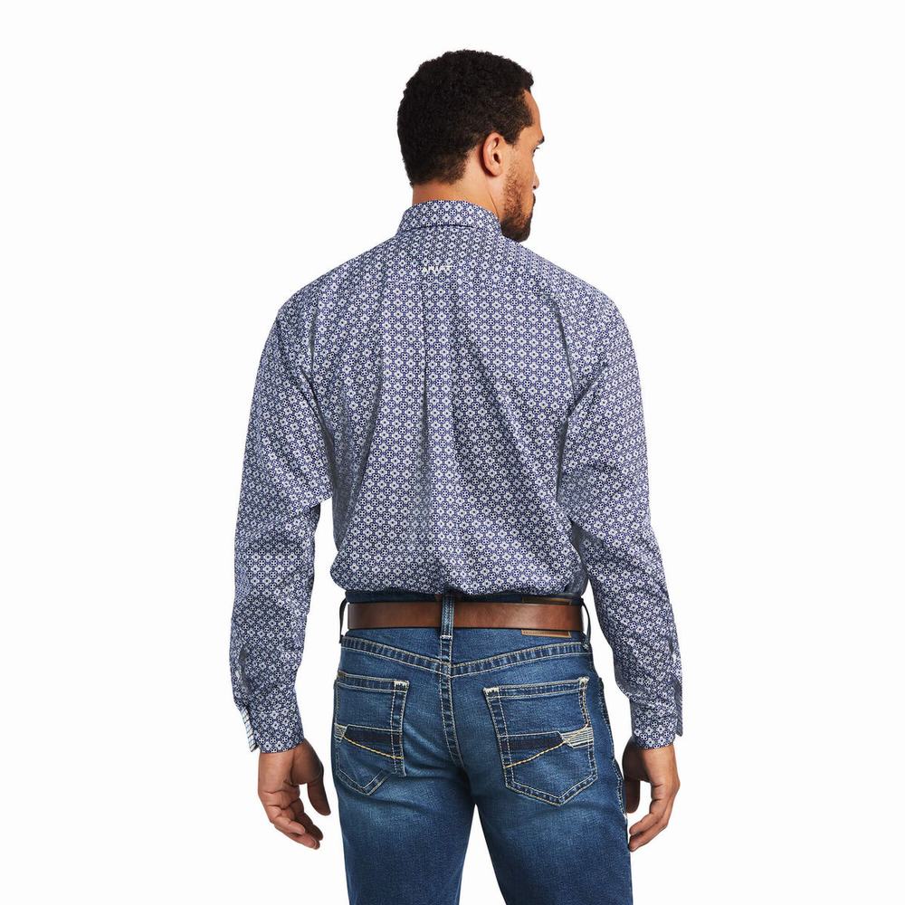 Navy Blue Ariat Wrinkle Free Ernest Classic Fit Men's Shirts | HBIM29534