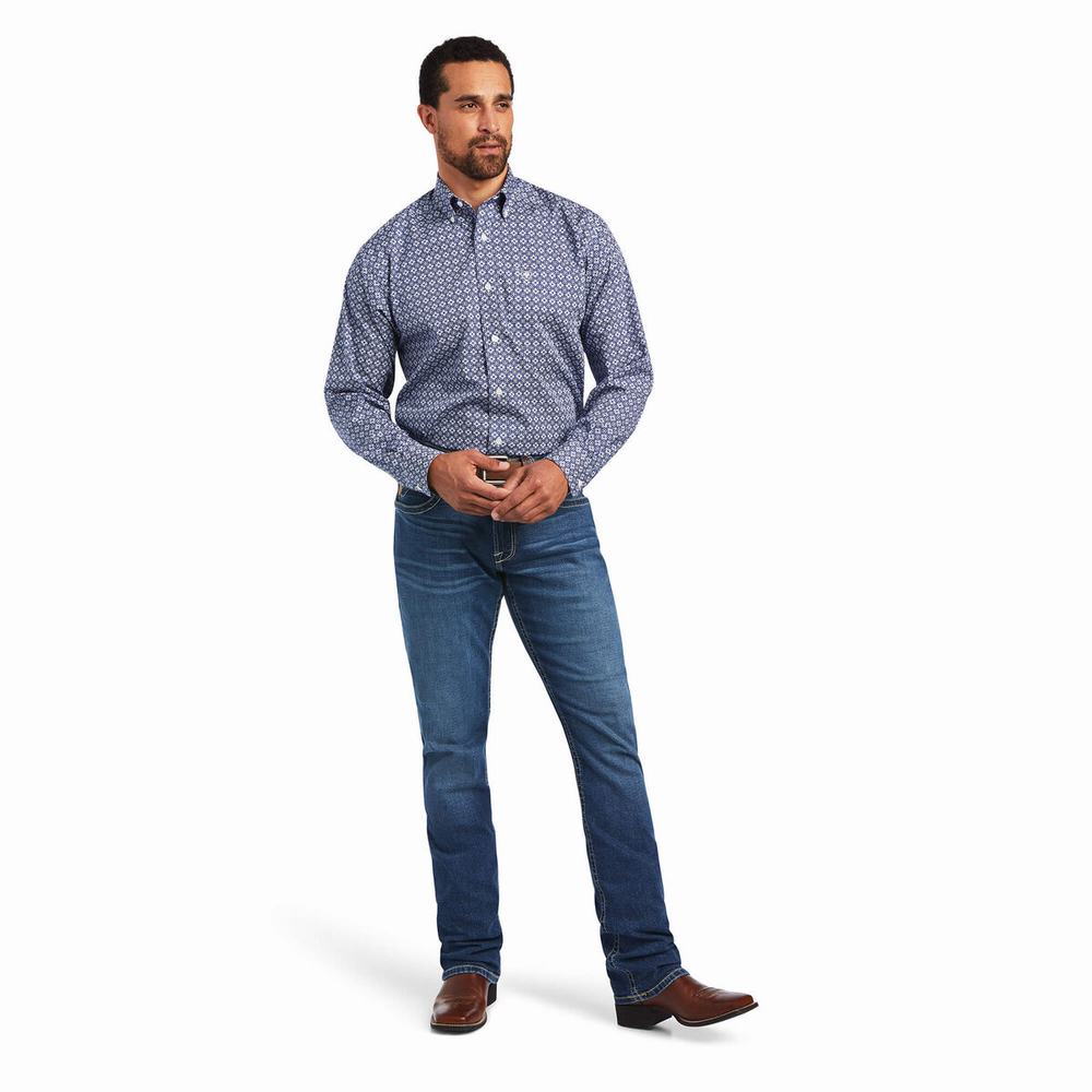 Navy Blue Ariat Wrinkle Free Ernest Classic Fit Men's Shirts | HBIM29534