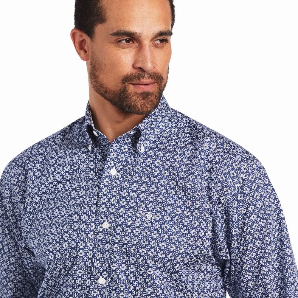 Navy Blue Ariat Wrinkle Free Ernest Classic Fit Men's Shirts | HBIM29534