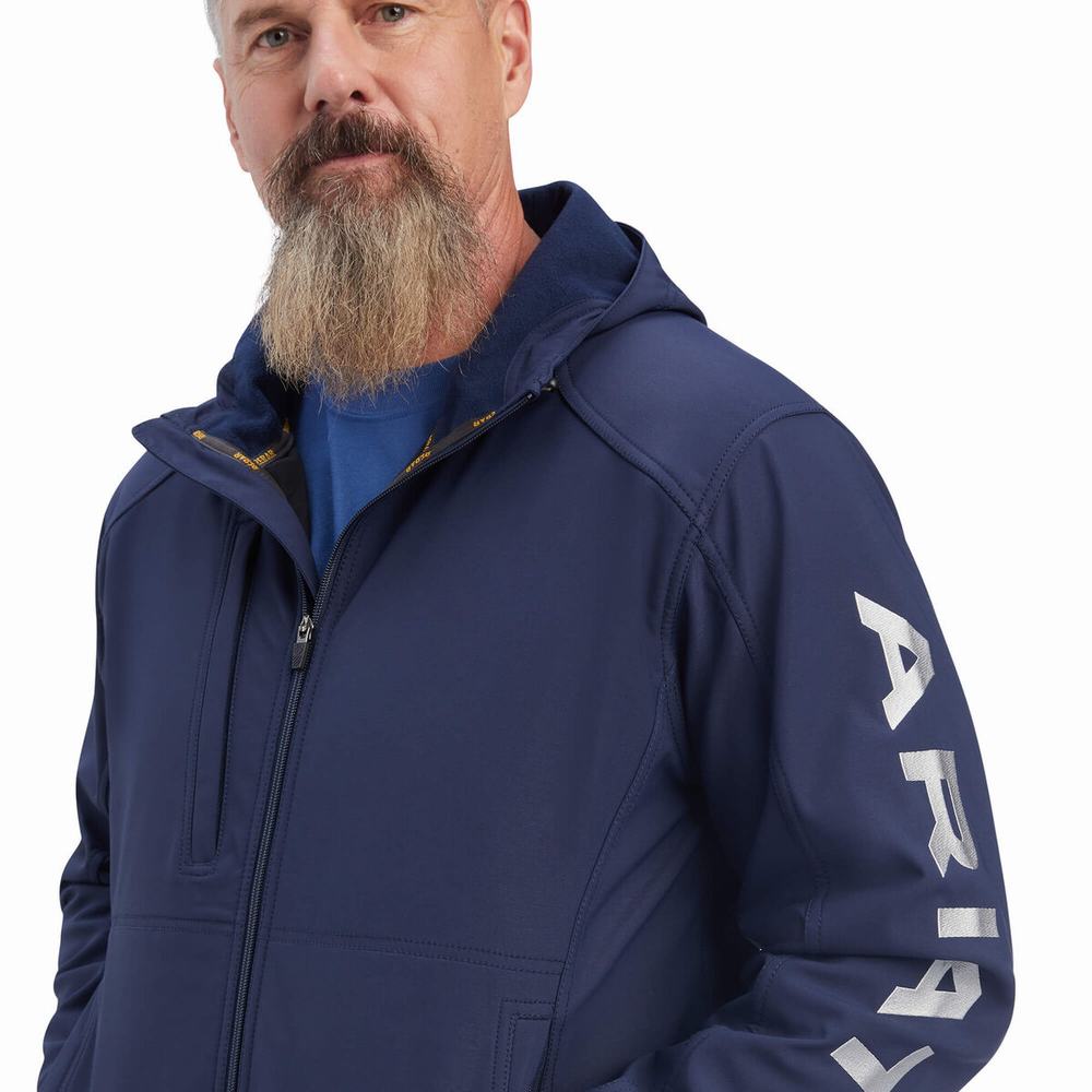 Navy Grey Ariat Rebar Stretch Canvas Softshell Logo Men's Jackets | QAXB57624