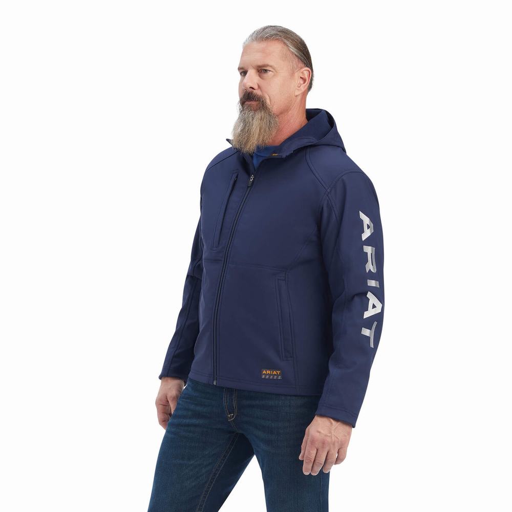 Navy Grey Ariat Rebar Stretch Canvas Softshell Logo Men\'s Jackets | QAXB57624