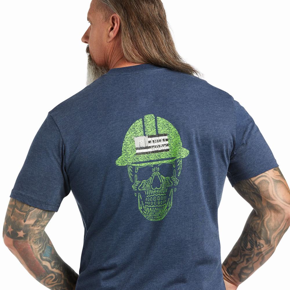 Navy Light Green Ariat Rebar Cotton Strong Roughneck Graphic Men's Short Sleeve | LETH19564