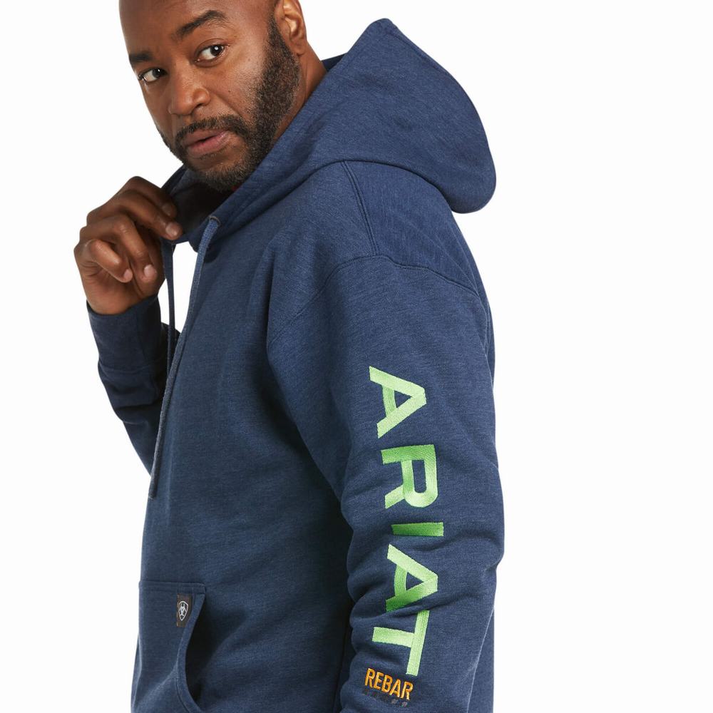 Navy Light Green Ariat Rebar Graphic Men's Hoodies | HMYX02845