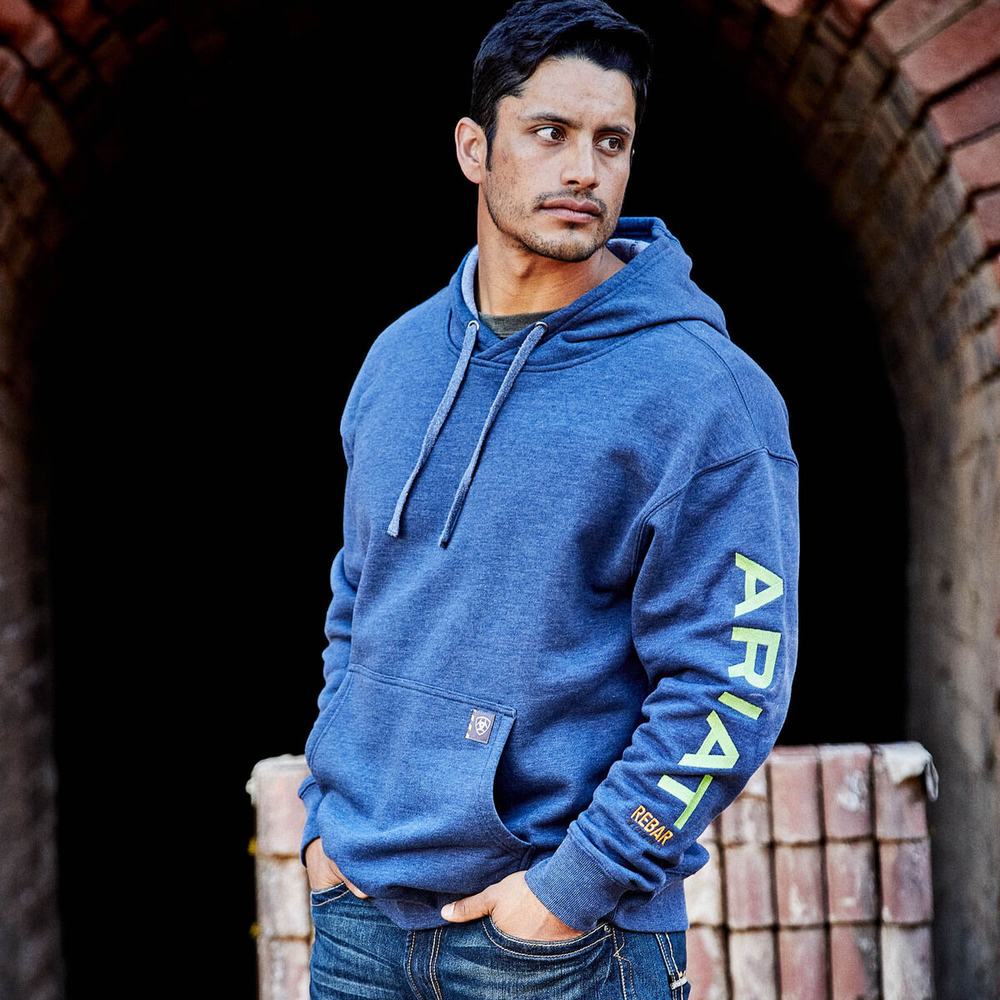 Navy Light Green Ariat Rebar Graphic Men's Hoodies | HMYX02845