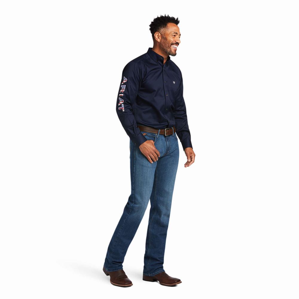 Navy Stripes Ariat Team Logo Twill Fitted Men's Shirts | YWLF75349