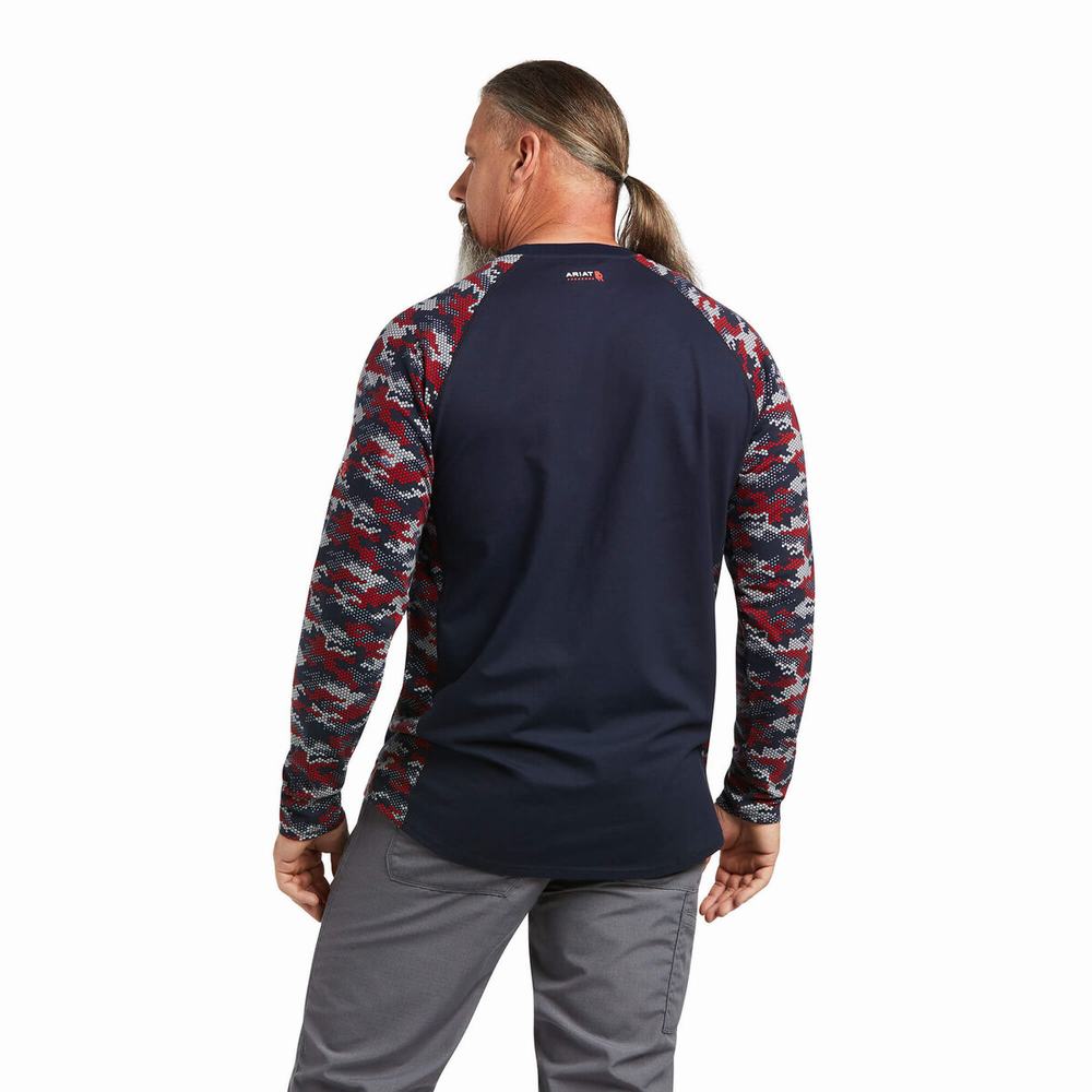 Navy White Red Camo Ariat FR AC Stretch Camo Baseball Men's Shirts | IJYW80961