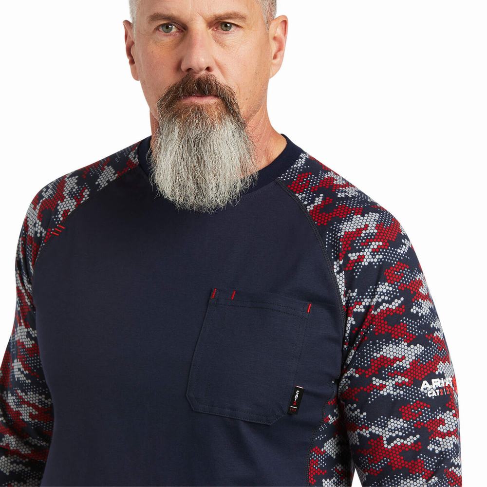 Navy White Red Camo Ariat FR AC Stretch Camo Baseball Men's Shirts | IJYW80961