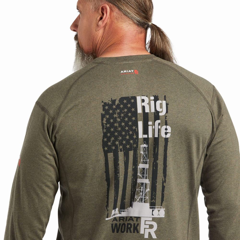 Olive Ariat FR Air Rig Life Graphic Men's Shirts | OCPW29734