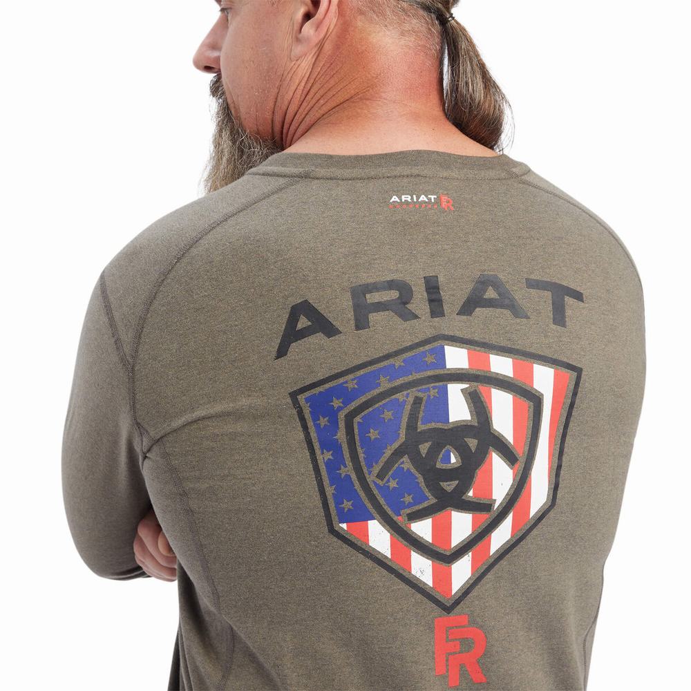 Olive Ariat FR Air Service Men's Shirts | QPHT27634