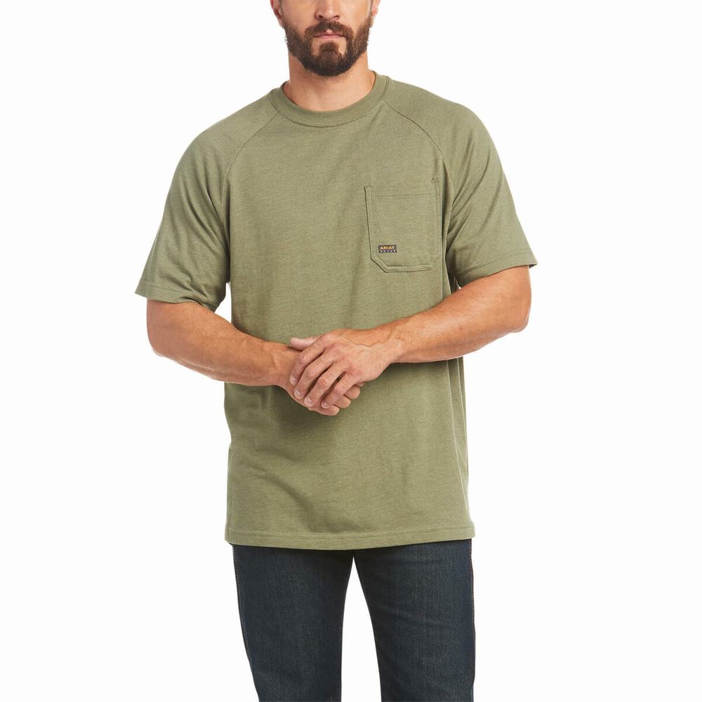 Olive Ariat Rebar Cotton Strong Men\'s Short Sleeve | JNPZ94158