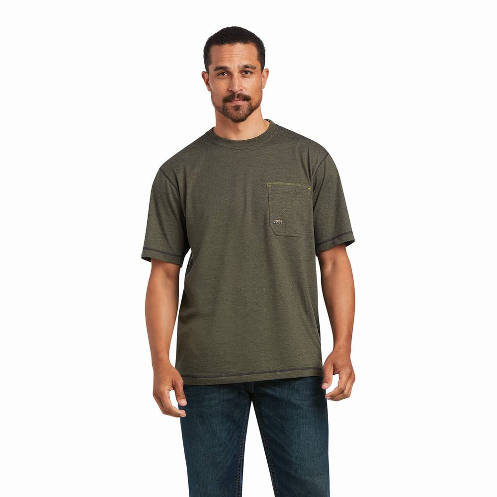 Olive Ariat Rebar Workman Reflective Flag Men's Tops | FSEJ67825