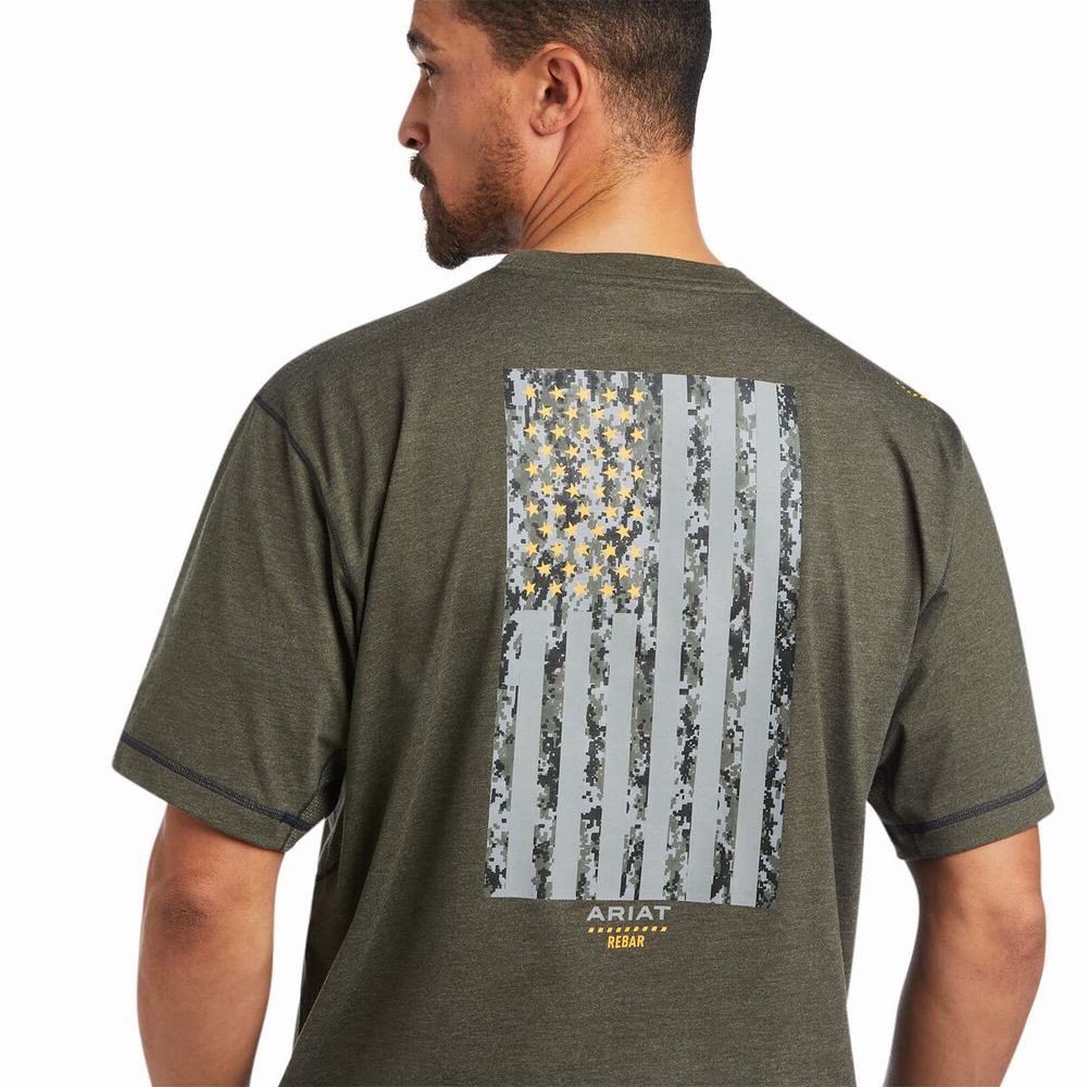 Olive Ariat Rebar Workman Reflective Flag Men's Tops | FSEJ67825