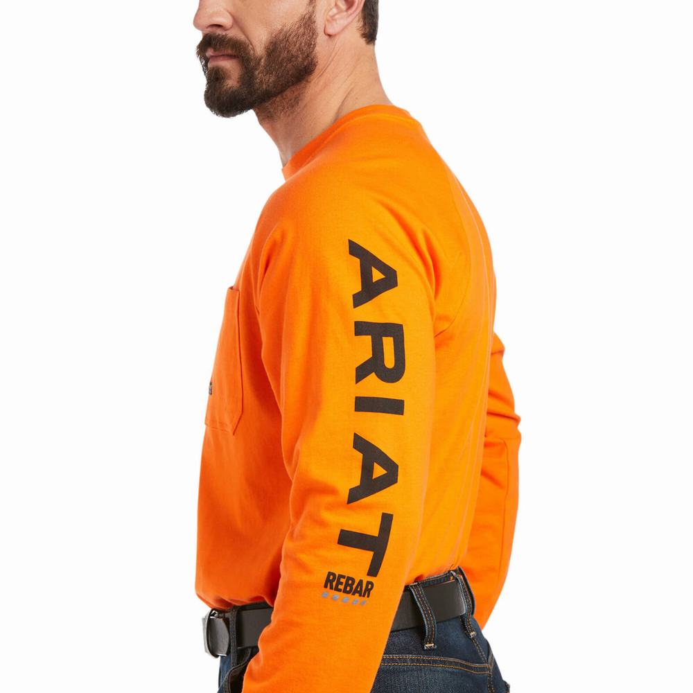 Orange Black Ariat Rebar Cotton Strong Graphic Men's T Shirts | XWAT26135