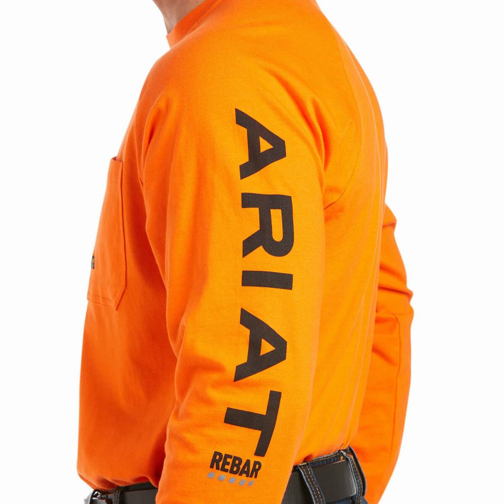 Orange Black Ariat Rebar Cotton Strong Graphic Men's T Shirts | XWAT26135