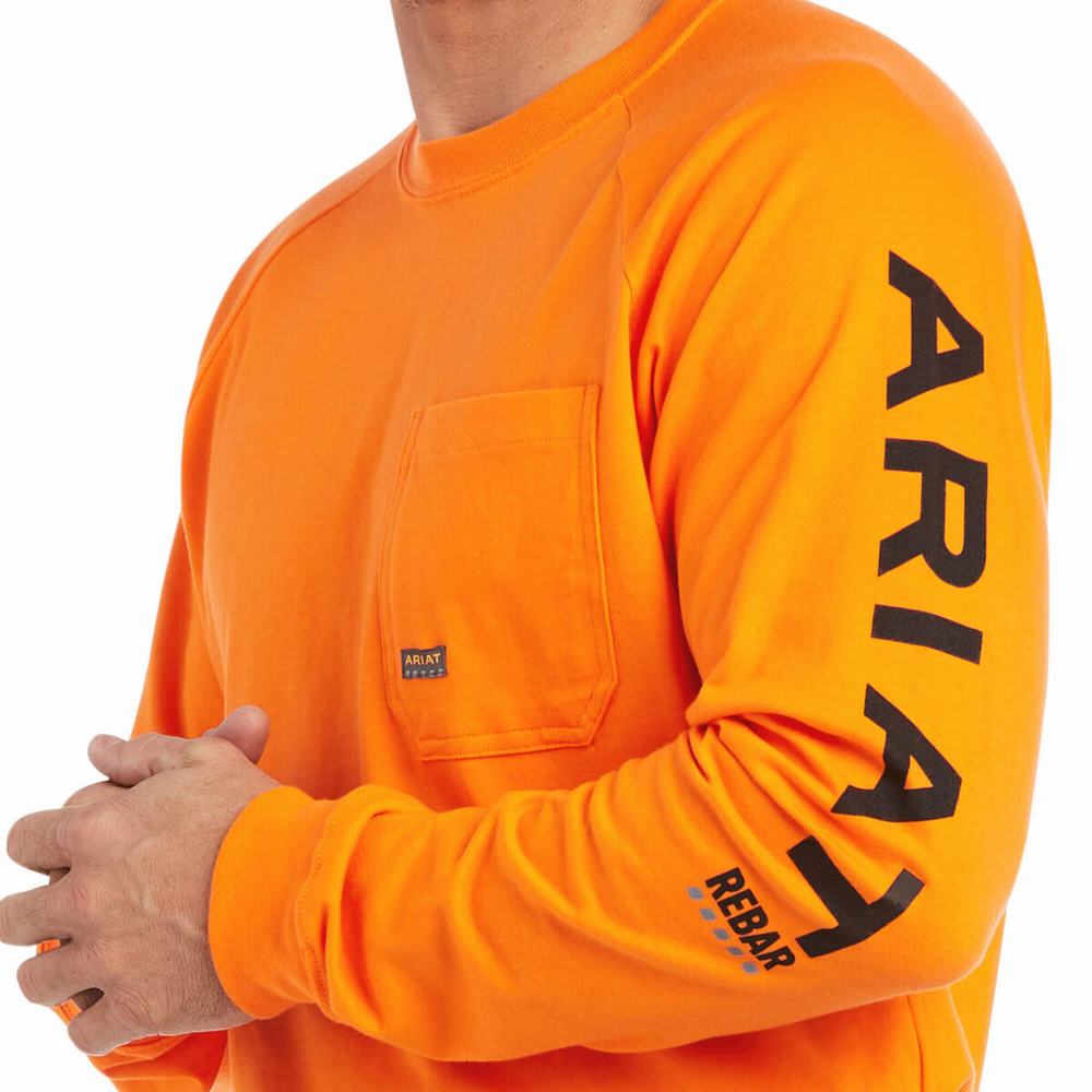 Orange Black Ariat Rebar Cotton Strong Graphic Men's T Shirts | XWAT26135