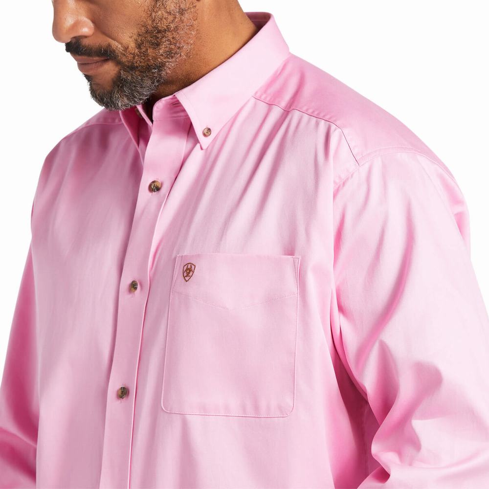 Pink Ariat Solid Twill Men's Shirts | FPRB93275