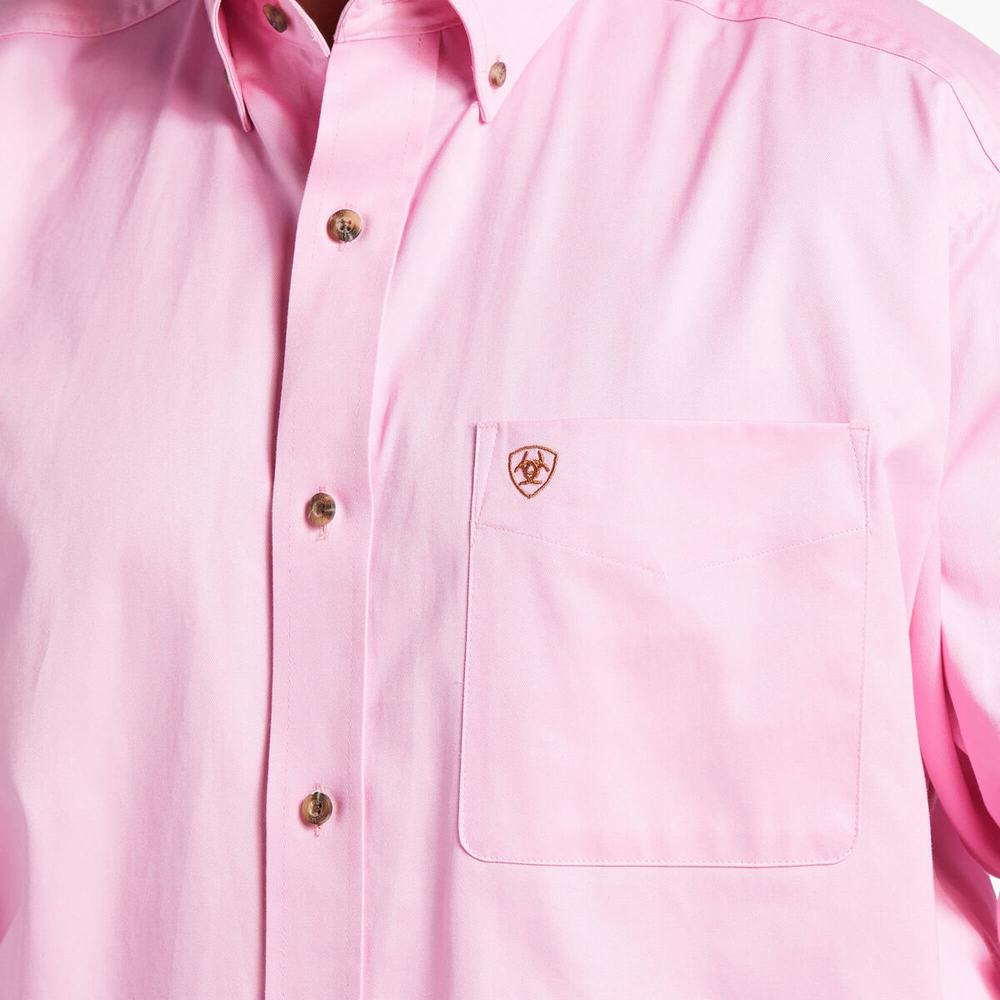 Pink Ariat Solid Twill Men's Shirts | FPRB93275