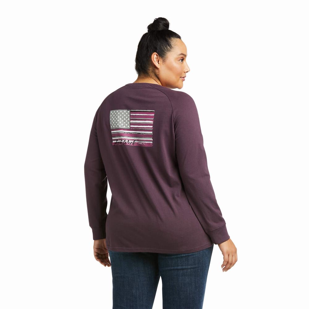 Purple Ariat Rebar CottonStrong Brand Flag Women's T Shirts | YBCP23015