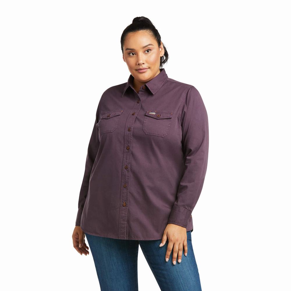 Purple Ariat Rebar Washed Twill Women's Shirts | WRKS14596