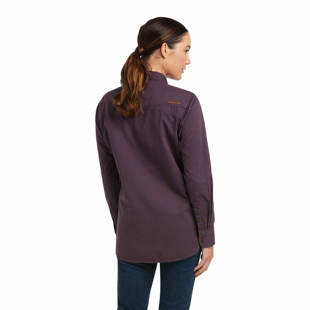 Purple Ariat Rebar Washed Twill Women's Shirts | WRKS14596