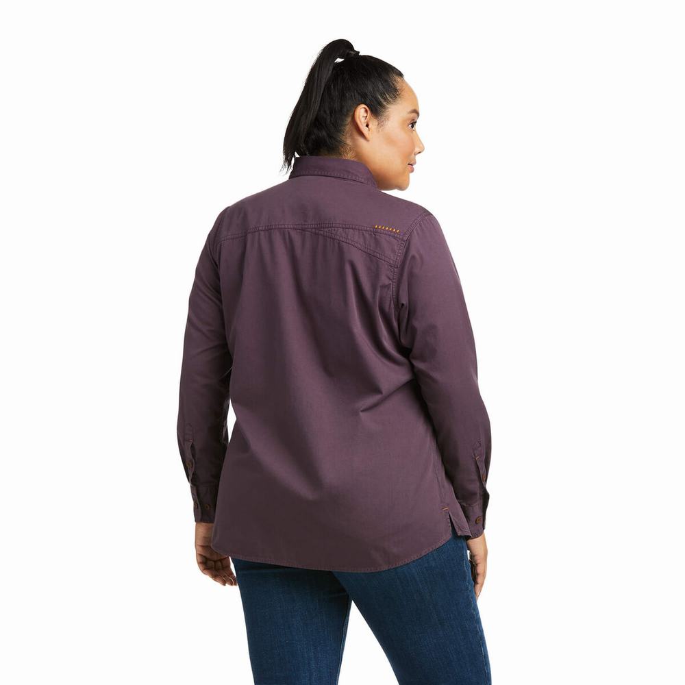 Purple Ariat Rebar Washed Twill Women's Shirts | WRKS14596