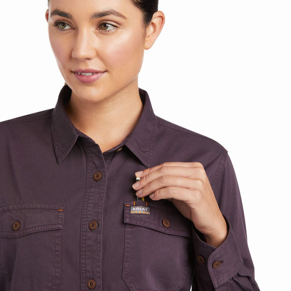 Purple Ariat Rebar Washed Twill Women's Shirts | WRKS14596