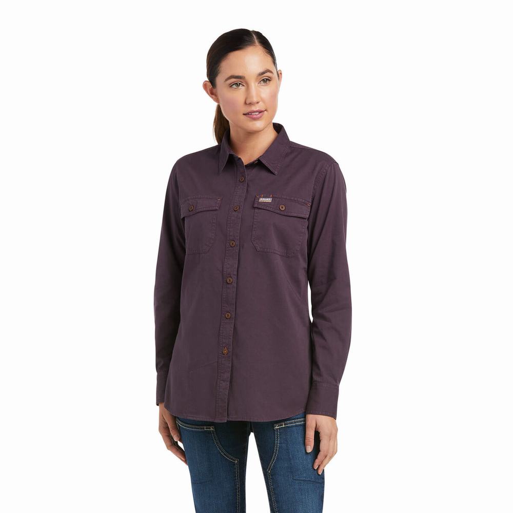 Purple Ariat Rebar Washed Twill Women\'s Shirts | WRKS14596