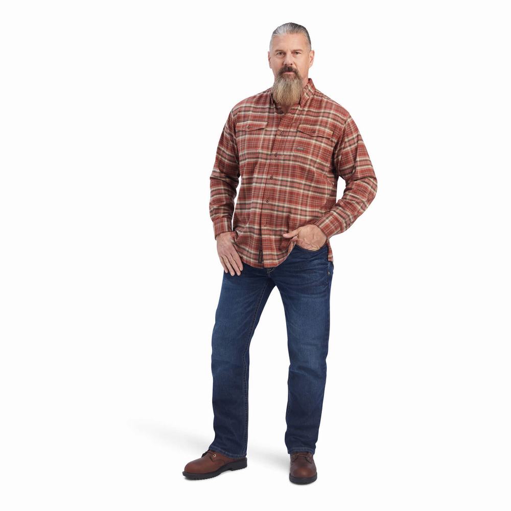 Red Ariat Rebar Flannel DuraStretch Men's Shirts | OQMN57234