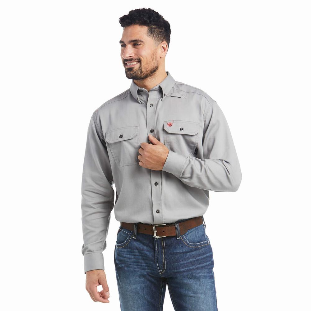 Silver Ariat FR Solid Men\'s Shirts | KOGM06891