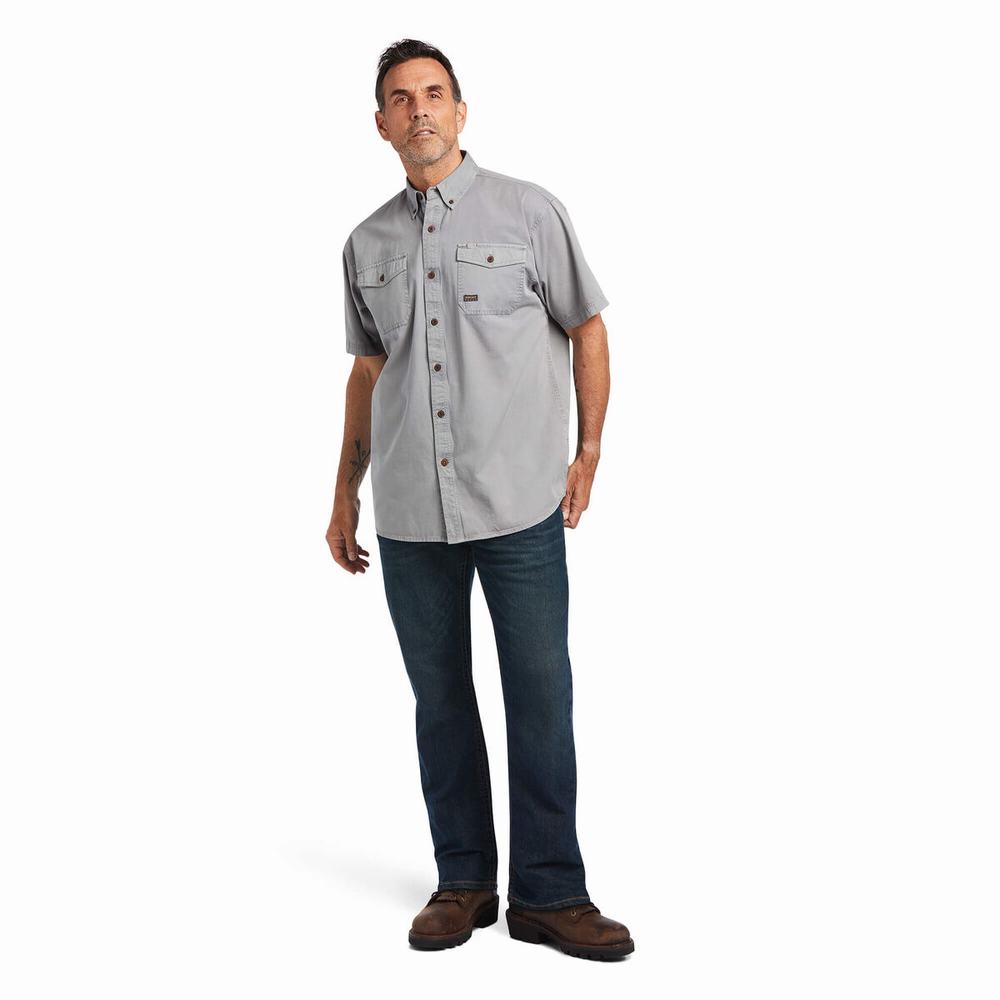 Silver Ariat Rebar Washed Twill Men's Short Sleeve | SUPX39401