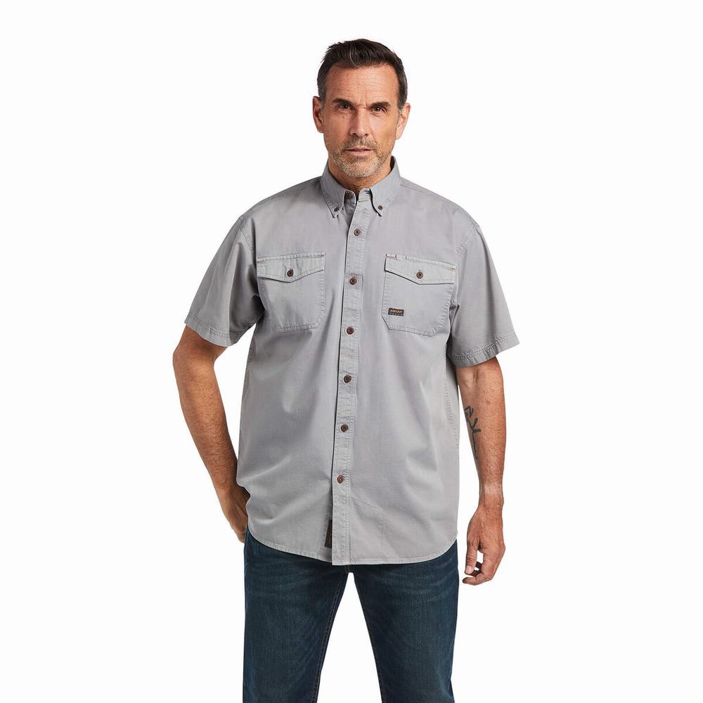 Silver Ariat Rebar Washed Twill Men\'s Short Sleeve | SUPX39401