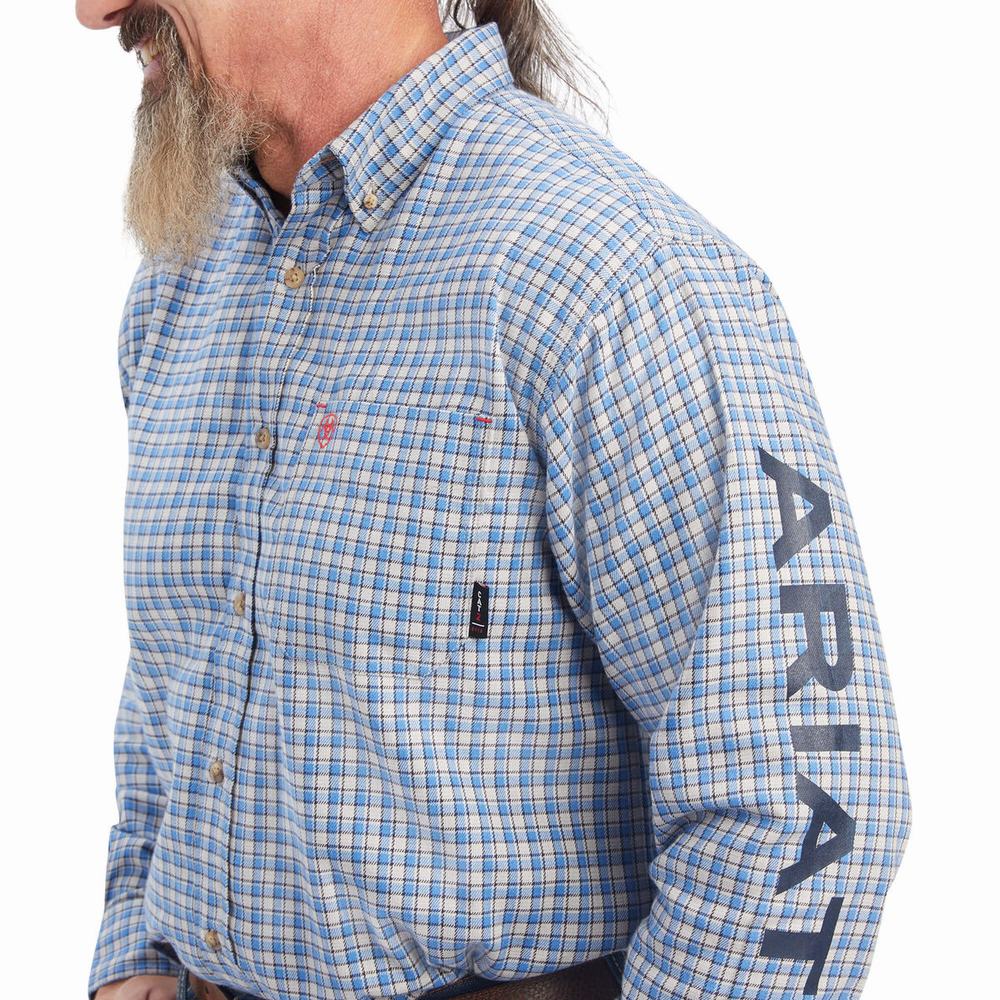 Turquoise Ariat FR Cunningham Logo Men's Shirts | CERY06982