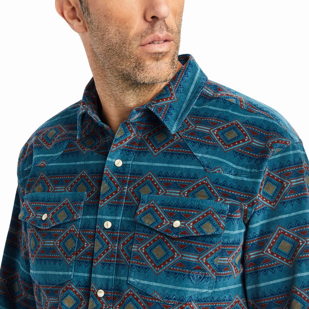 Turquoise Ariat Hawkeye Corduroy Retro Fit Men's Shirts | DJTR69801