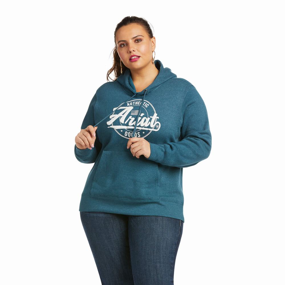 Turquoise Ariat REAL Arm Logo Women's Hoodies | SICG65902