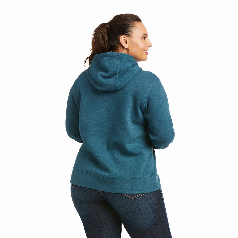 Turquoise Ariat REAL Arm Logo Women's Hoodies | SICG65902