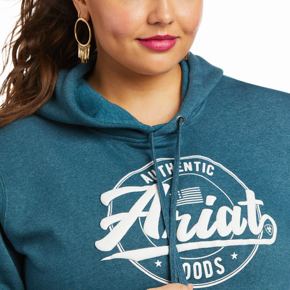 Turquoise Ariat REAL Arm Logo Women's Hoodies | SICG65902