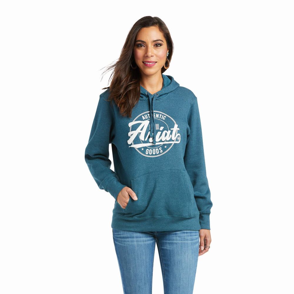 Turquoise Ariat REAL Arm Logo Women\'s Hoodies | SICG65902