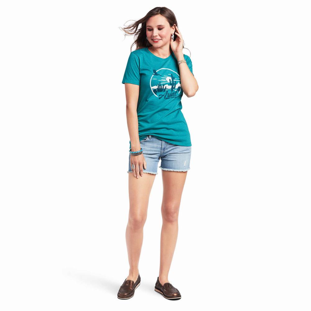 Turquoise Green Ariat Opuntia SS Women's Tops | OAEJ46897