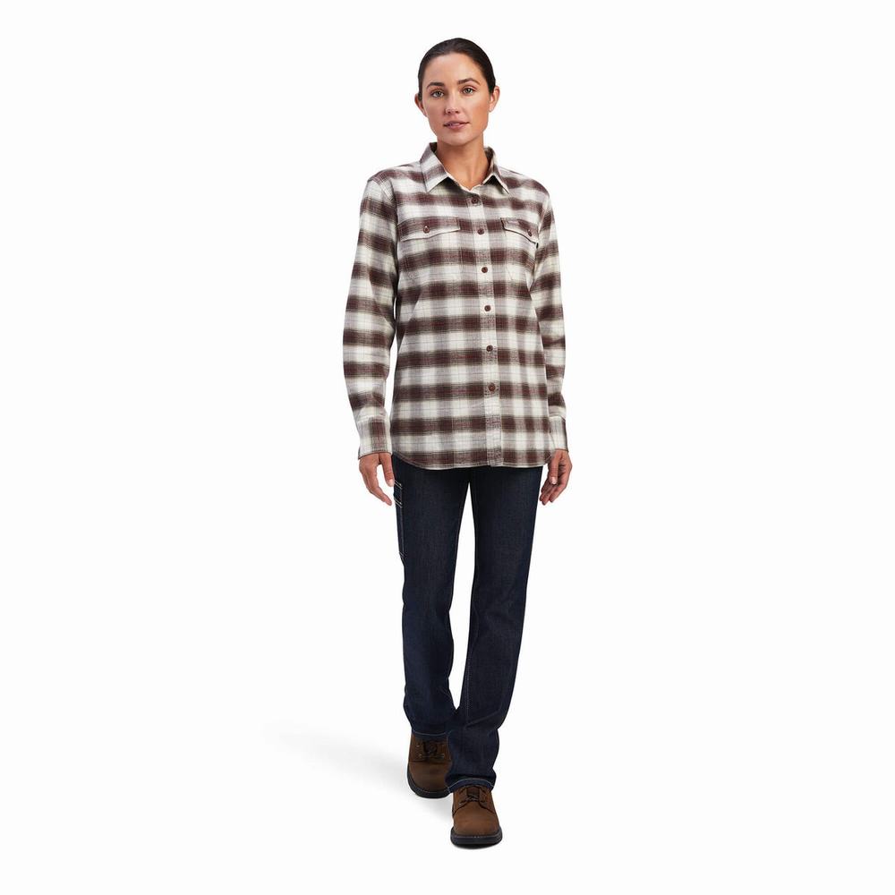 White Ariat Rebar Flannel DuraStretch Women's Shirts | QXNE83029