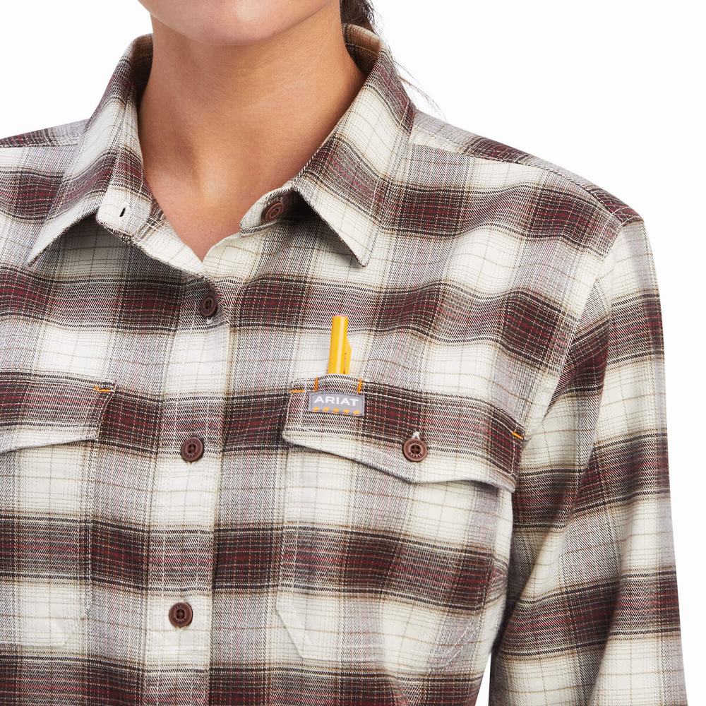 White Ariat Rebar Flannel DuraStretch Women's Shirts | QXNE83029