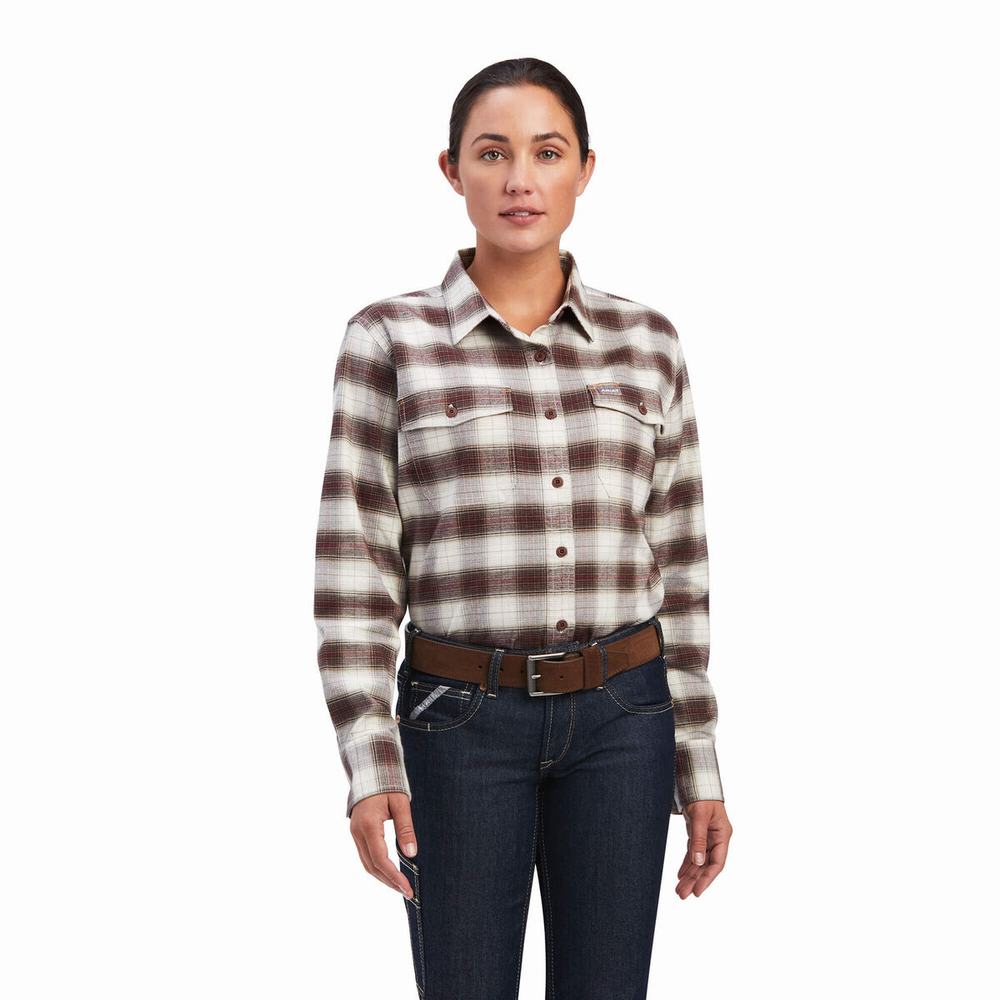 White Ariat Rebar Flannel DuraStretch Women\'s Shirts | QXNE83029