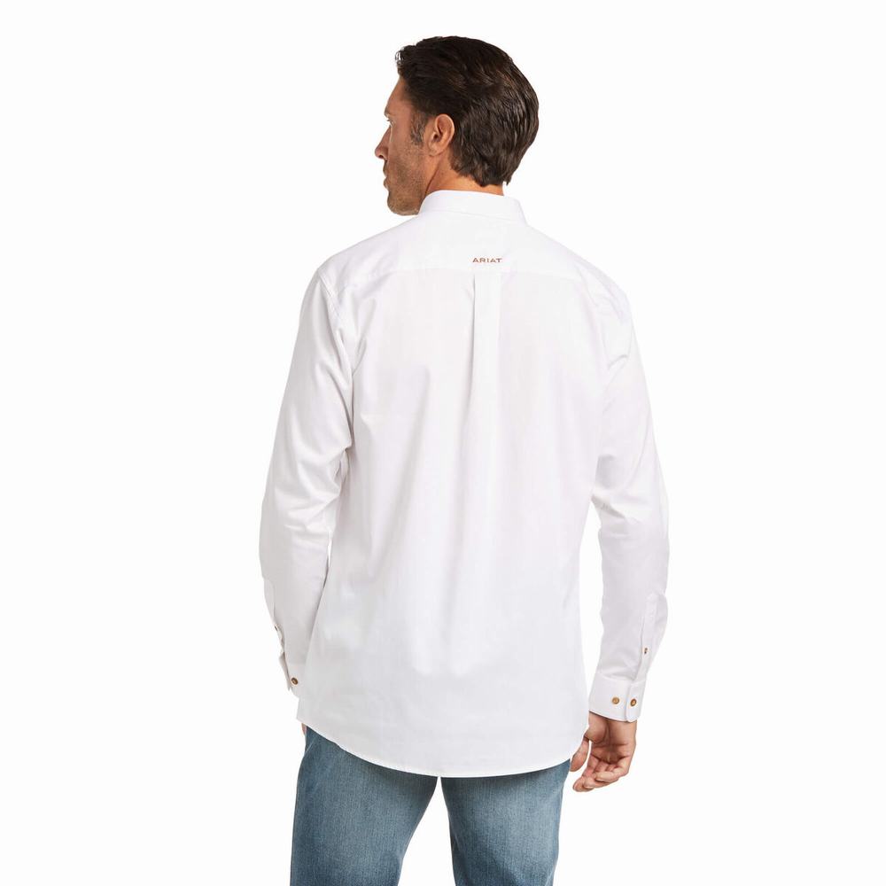 White Ariat Solid Twill Fitted Men's Shirts | OKQY26739